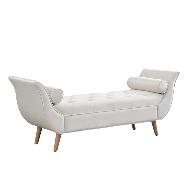 Upholstered Velvet Bench End of Bed Bench with 2 Pillows, Button Tufted Ottoman Beige Footstool with Rolled Arms - Beige