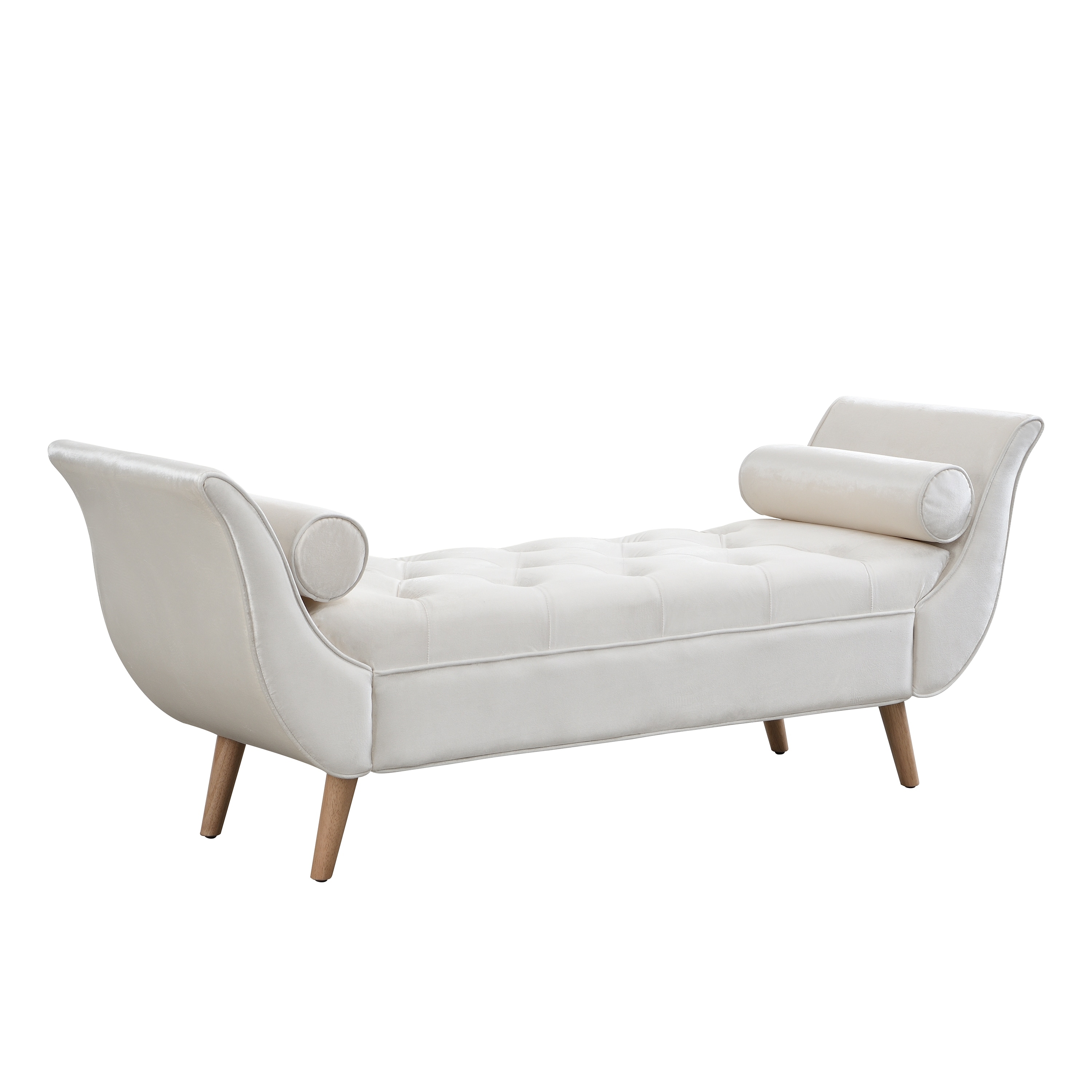 Upholstered Velvet Bench End of Bed Bench with 2 Pillows, Button Tufted Ottoman Beige Footstool with Rolled Arms