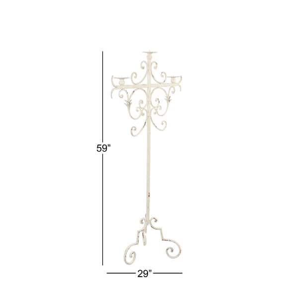 Tall Vintage White Metal Floor Candle Holder with Scrolled Tripod Base