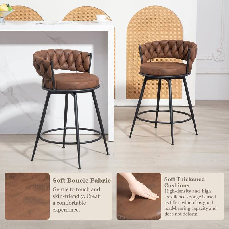XINMICS 360° Swivel Bar Stools, 24 Inches Modern Counter Height Bar Stools with Woven Back, Upholstered Suede Tall Barstools