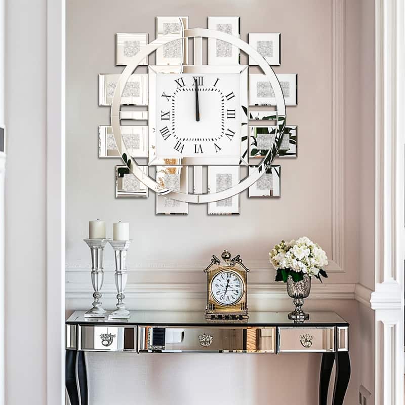 Gold/Silver Irregular Luxury Mirrored Wall Clock w/Crushed Diamond Inlay - 23.62x23.62 inch