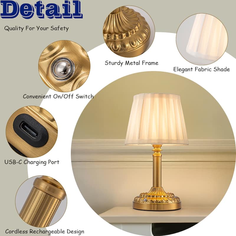 Brass Glam Cordless Fabric Shade Table Lamp Touch Control with 3 Way Classic Dimmable Rechargeable LED（2 Pack） - W6''