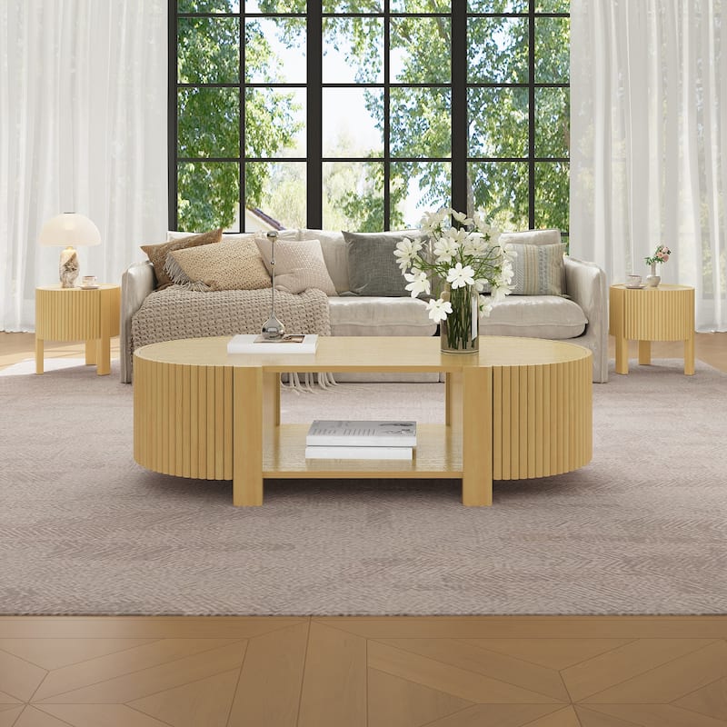 Oval Fluted Coffee Table with Storage for Living Room