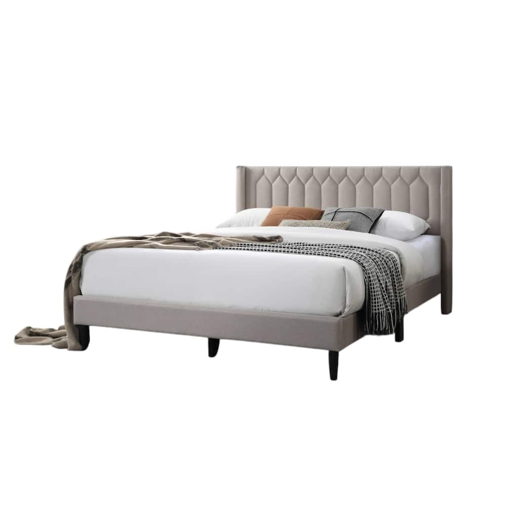 Jeo Queen Size Bed, Geometric Stitched Light Brown Burlap Upholstery