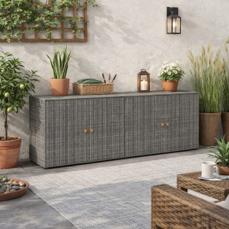 Outdoor Storage Cabinet, 78 Inch Gray Poly Rattan and Brown Solid Wood