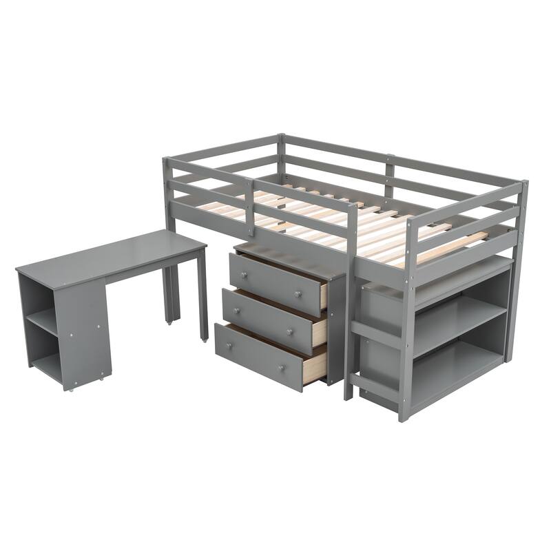 Multiple Functions Low Loft Bed with Cabinet, Shelves and Rolling Portable Desk