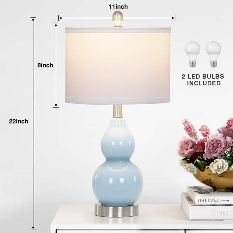 22'' Modern Blue Ceramic Table Lamp with Nickel Accents and Linen Drum Shade(Set of 2) - 11'' x 11'' x 22''