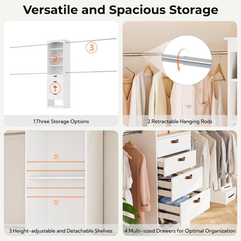 23.6"-149.6" W Modular Closet System, 2-12FT Walk-In Closet Organizer with 4 Expandable Rods and Drawers - 76.6'' H X 15.7'' D