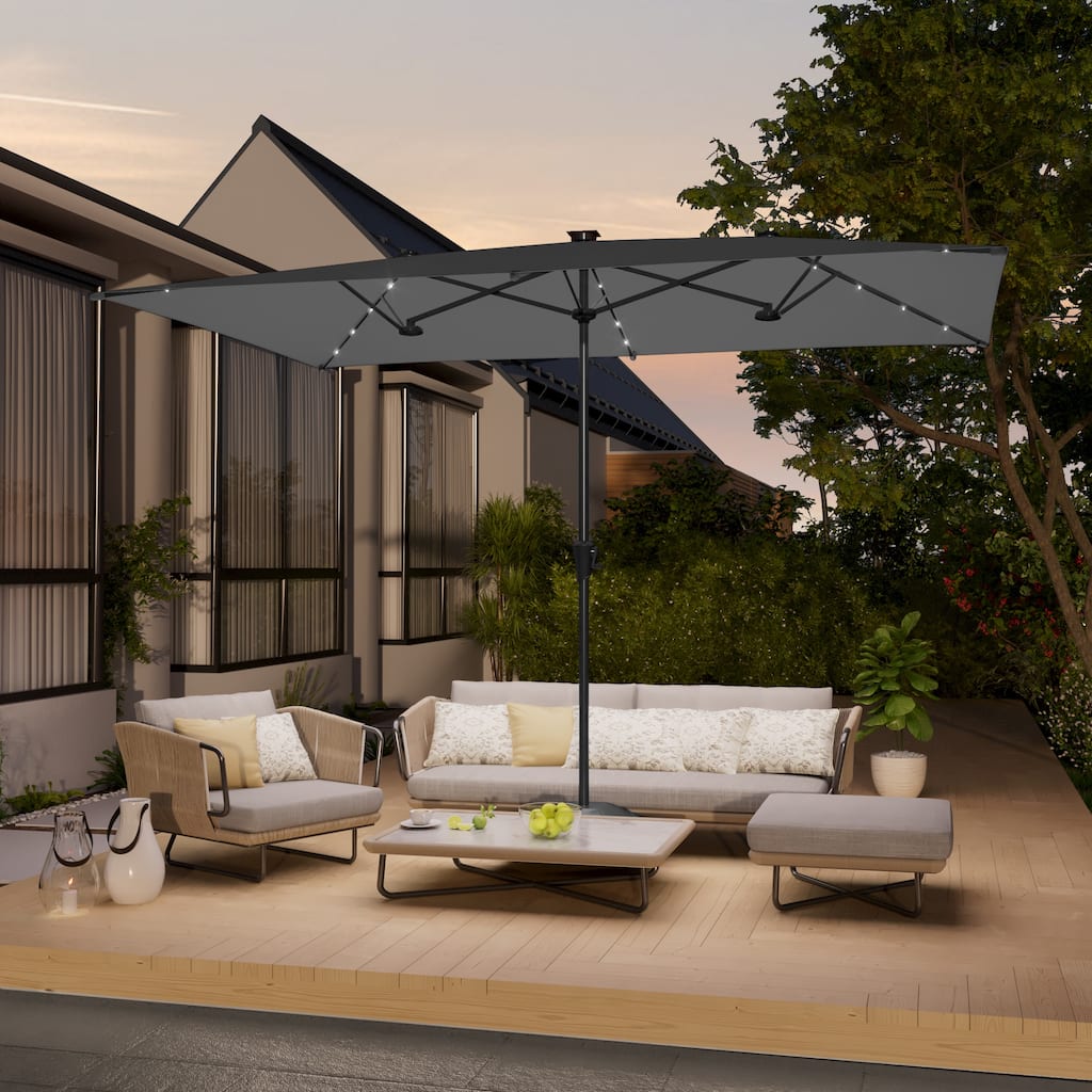 LIVOOSUM 10 x 6.5Ft Solar-powered Large Double-Sided Rectangular Outdoor Patio Market Umbrella with Crank, Gray