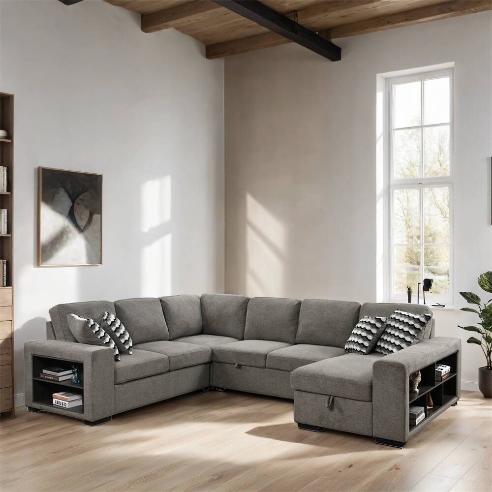 124" U Shaped Pull Out Sectional Sofa with Storage Chaise