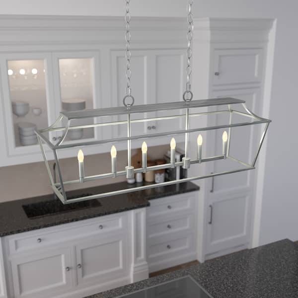 slide 2 of 20, Hunter Laurel Ridge 6-Light Linear Chandelier - Kitchen Island, Dining Room - Modern Farmhouse, Candle, Industrial, Transitional Brushed Nickel