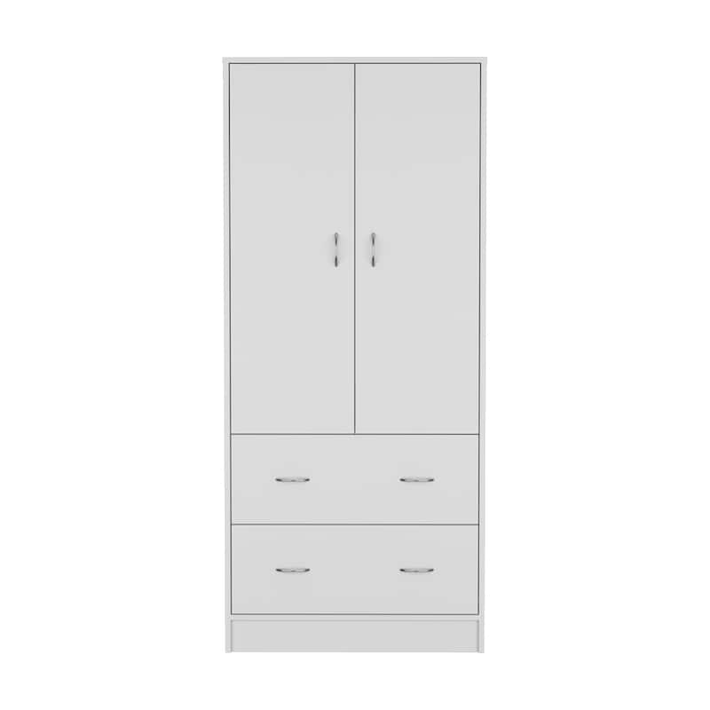 19" Modern Double-door Armoire with Hanging Rod and Two Storage Drawers for Bedroom - White