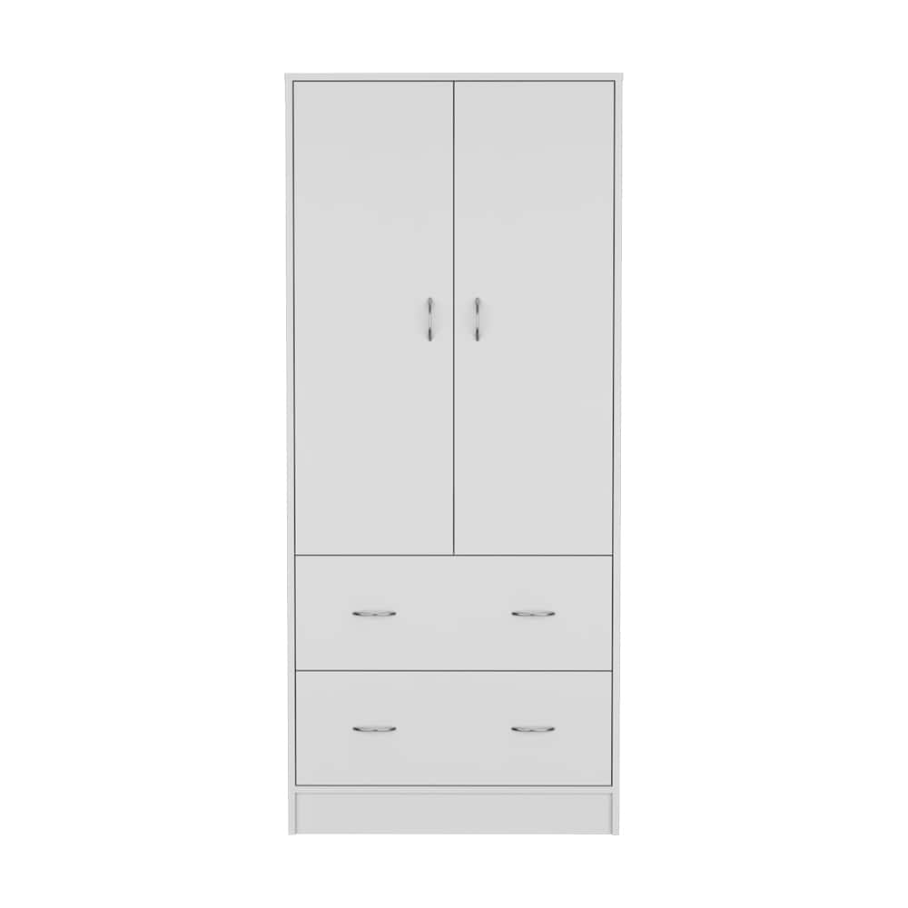19" Modern Double-door Armoire with Hanging Rod and Two Storage Drawers for Bedroom