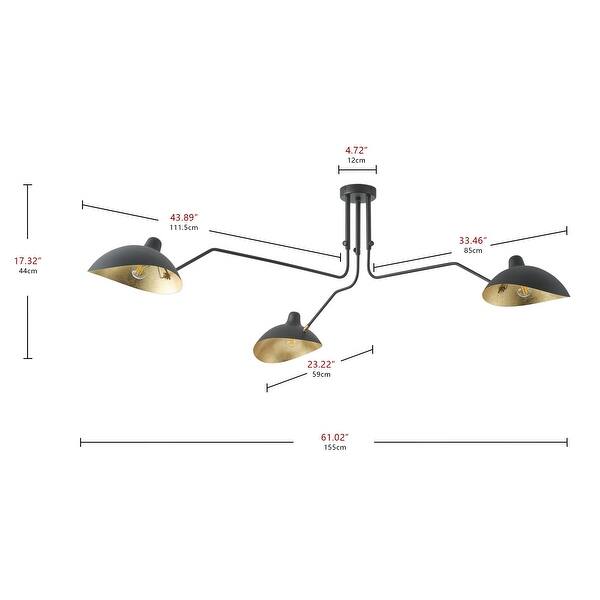 Farmhouse Matte Black 3-Light Semi Flush Mount Ceiling Light with Gold Leaf