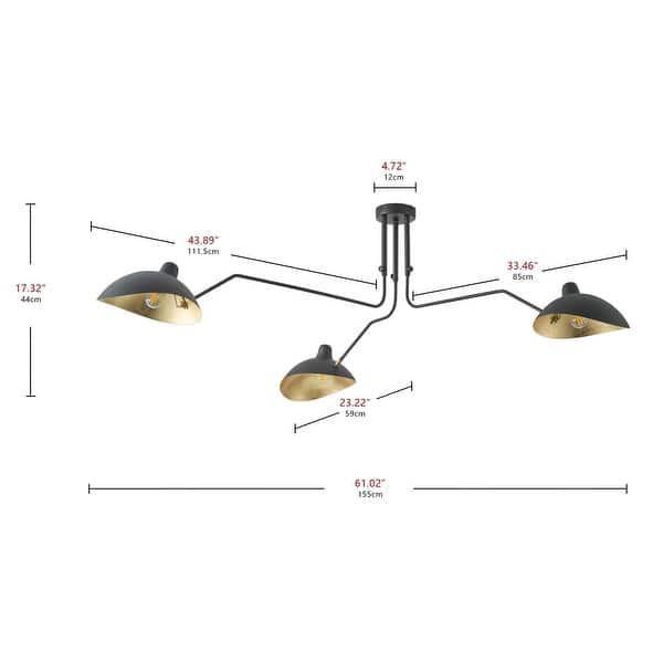 Farmhouse Matte Black 3-Light Semi Flush Mount Ceiling Light with Gold Leaf
