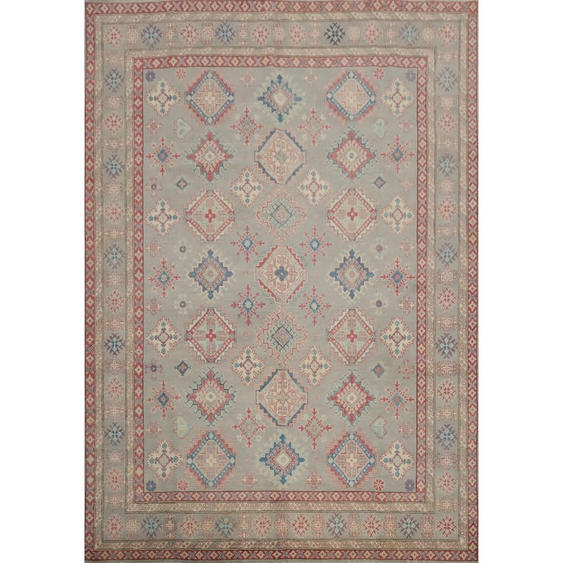 Hand Knotted Oriental 100% Wool Carpet Traditional Geometric Greys & Charcoal Kazak Area Rug - 9' 9'' X 8' 3''