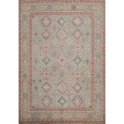Hand Knotted Oriental 100% Wool Carpet Traditional Geometric Greys & Charcoal Kazak Area Rug - 9' 9'' X 8' 3''