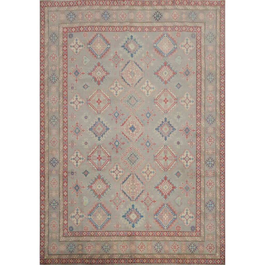 Hand Knotted Oriental 100% Wool Carpet Traditional Geometric Greys & Charcoal Kazak Area Rug - 9' 9'' X 8' 3''