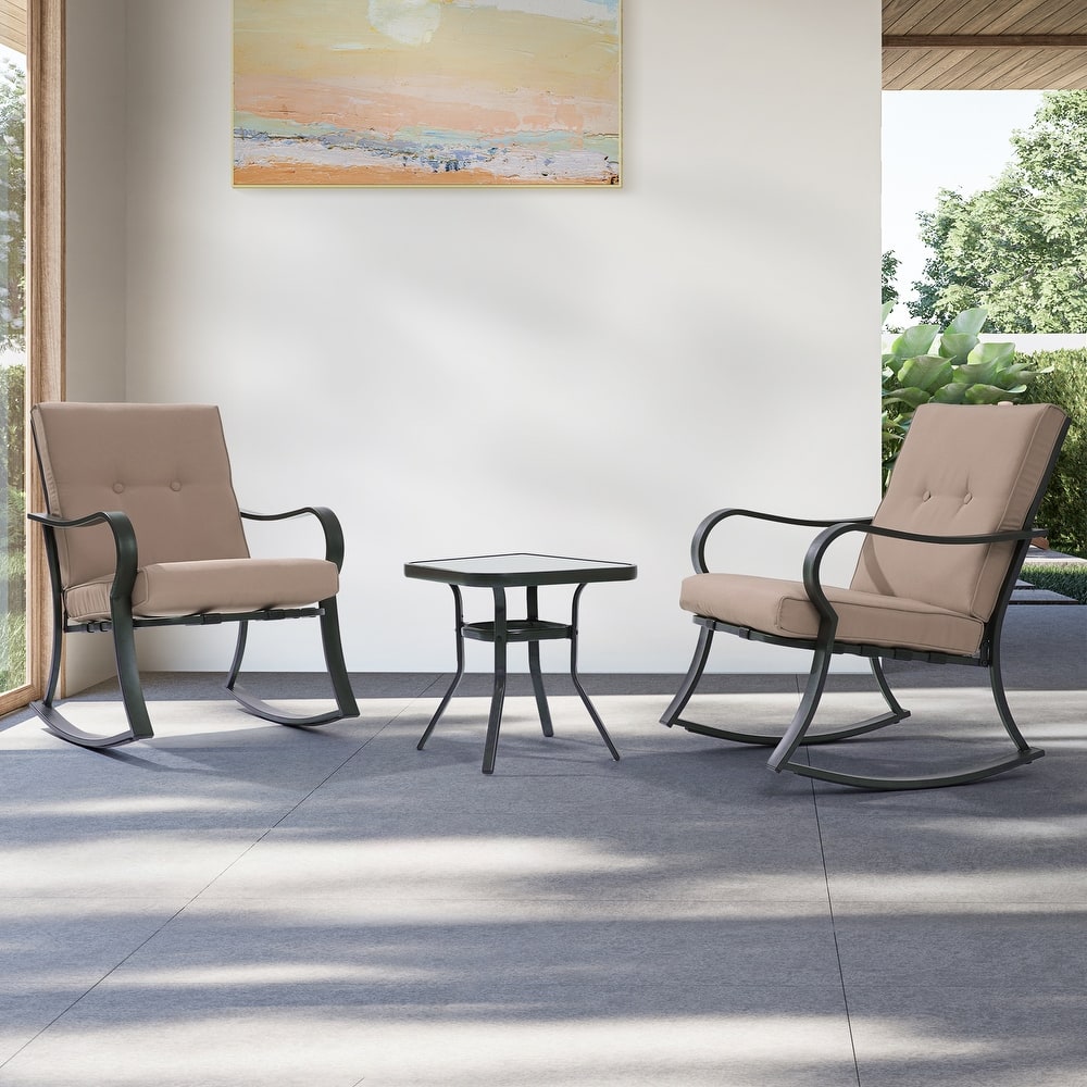 Bonosuki 3 Pieces Patio Bistro Set, Outdoor Funiture Set with 2 Rocking Chairs, Tempered Glass Top Coffee Table and Cushion