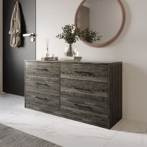 minimalist dresser Wlive 6 Drawer Dresser Retro Chest of Drawers with Metal Handle Double Wood Dresser for Bedroom Living Room Large Storage Cabinet