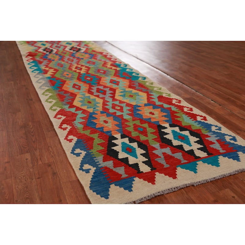 Hand Woven Oriental 100% Wool Carpet Southwestern Geometric Multi-Colored Kilim Runner Rug - 15' 9'' X 2' 10''