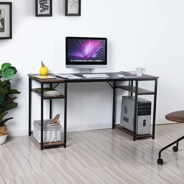 Home Office Desk Wood Top L55 Contemporary Writing Table with 4 Storage Shelves for Home Office