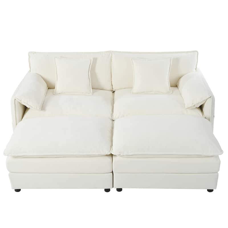 Chenille Loveseat Upholstered Deep Seat Sofa with 2 Movable Ottomans and 2 Pillows Love Seat Modular Couch for Apartment