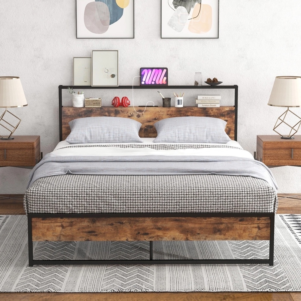 Queen Industrial Platform Bed Frame Charging Station Storage Headboard