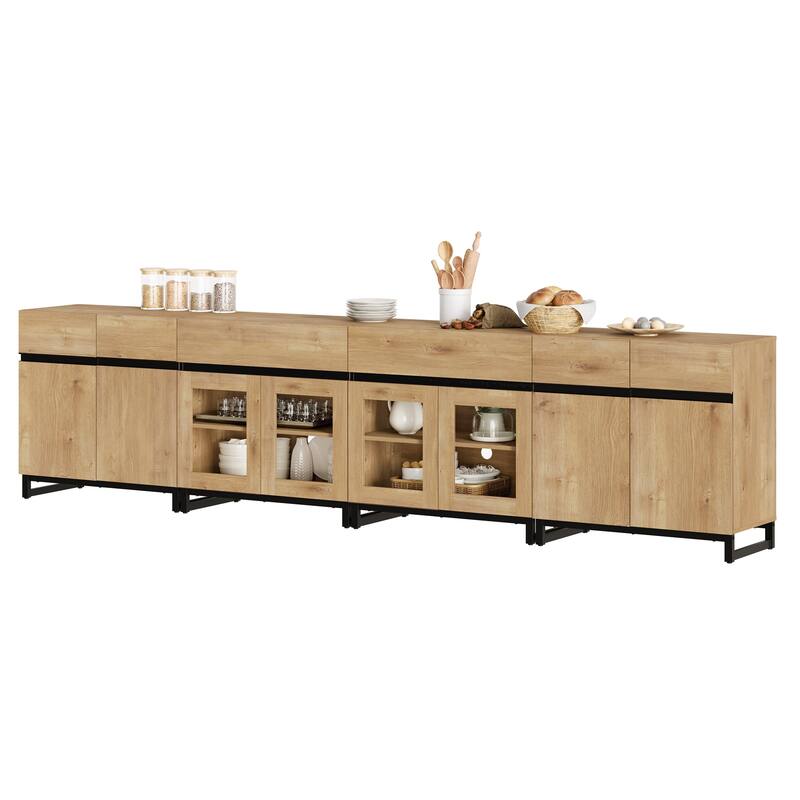 4 in 1 Sideboard Buffet Cabinets with 2 Drawers & Glass Doors, Modern Credenza with Adjustable Shelf and Metal Base