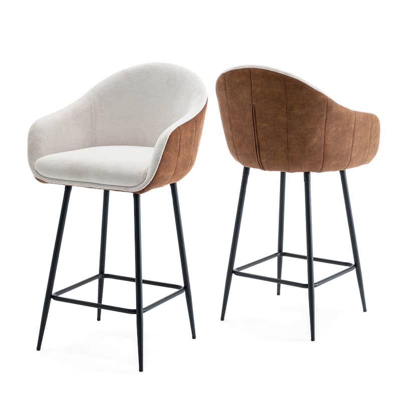 Set of 2 Modern Brown Upholstered Bar Stools, 26.5" Counter Height with Durable Metal Legs