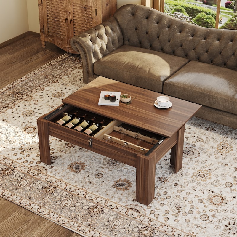 Modern Storage Coffee Table with Password Secure Lock and Hidden Push Pull Drawer for Firearms, Wine and Essentials