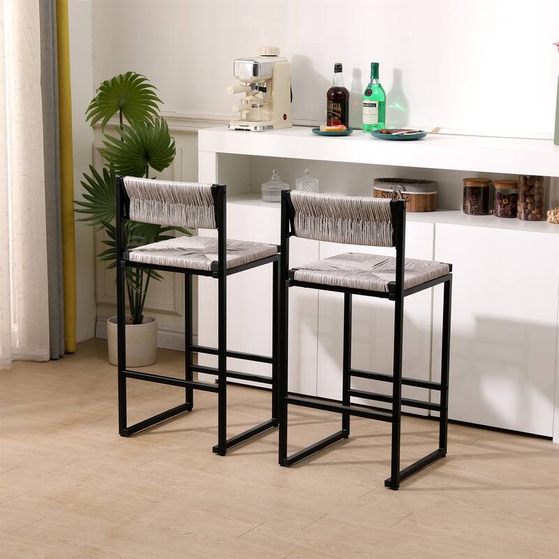 Set of 2 Paper Rope Weave Bar Stools with Footrest