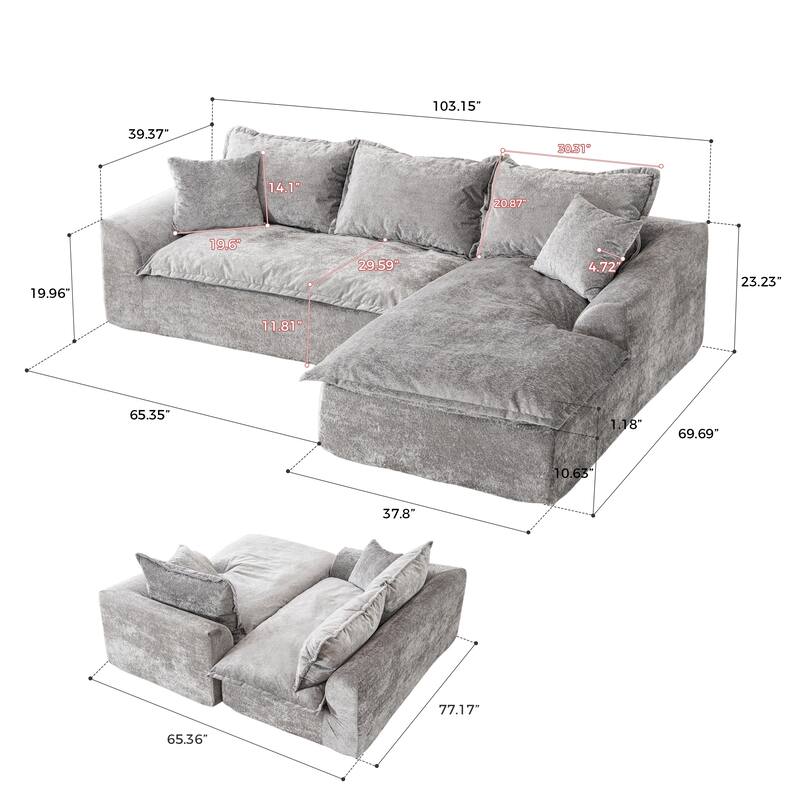 103" L-Shaped Cloud Sectional Sofa with Chaise, Upholstered Boneless Couches for Living Room, Modern Modular Chenille Sofa