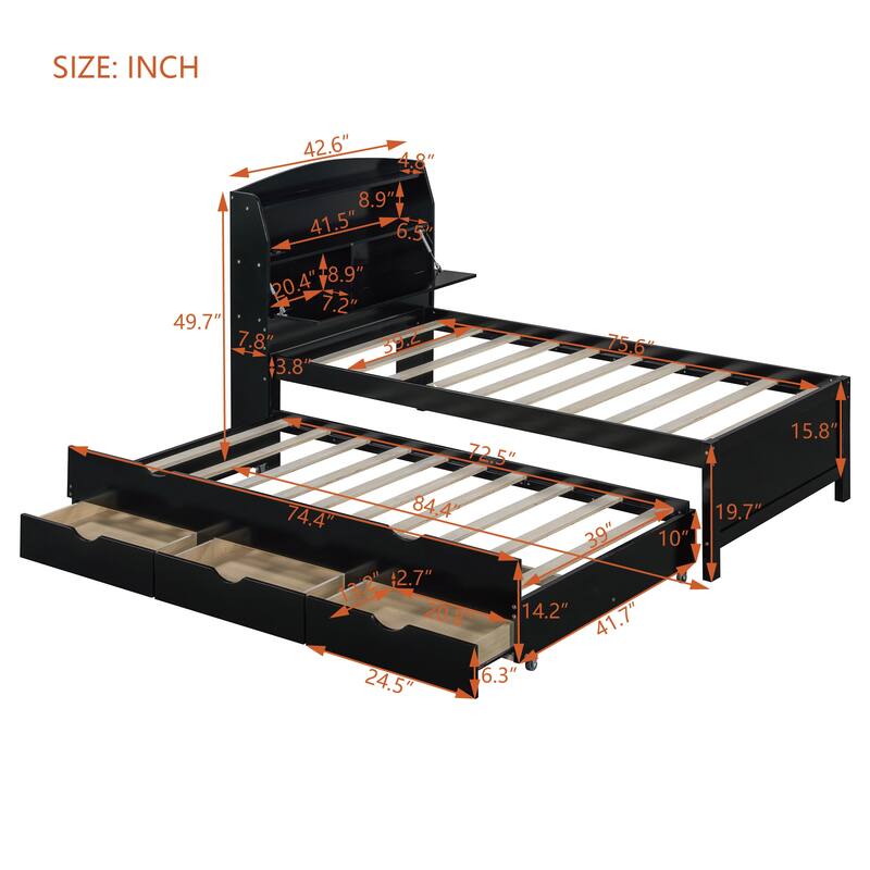 Wooden Platform Bed with Pull Out Trundle Bed and Drawers, All-in-One LED Headboard with Charging Station and Flip Up Storage