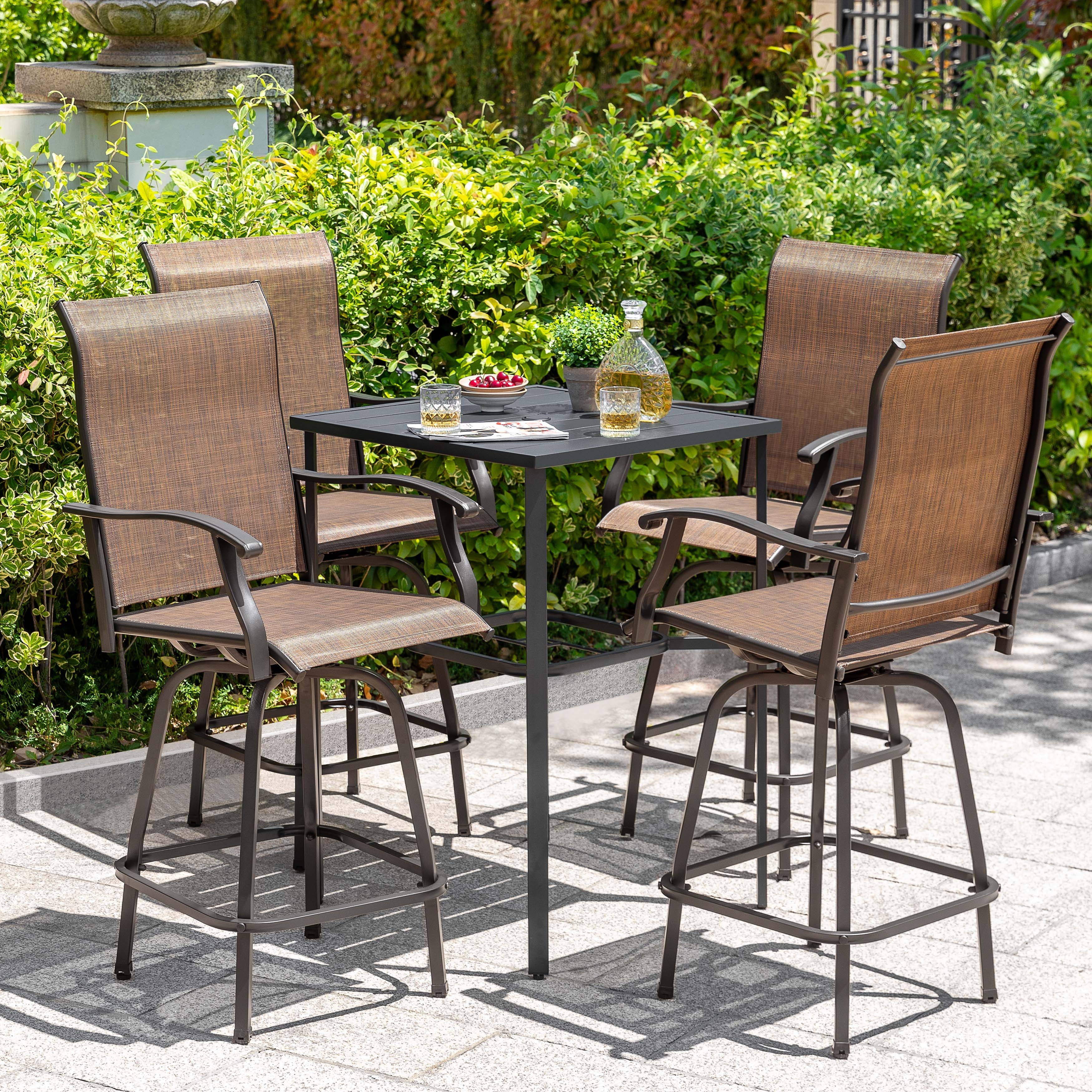 Nuu Garden Outdoor 5-Piece Textilene Bar Set, Swivel Bar Stools and Umbrella Hole
