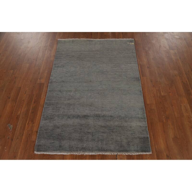 Gray Gabbeh Oriental Rug Hand-Knotted Solid Wool Carpet - 3'4" x 4'11"