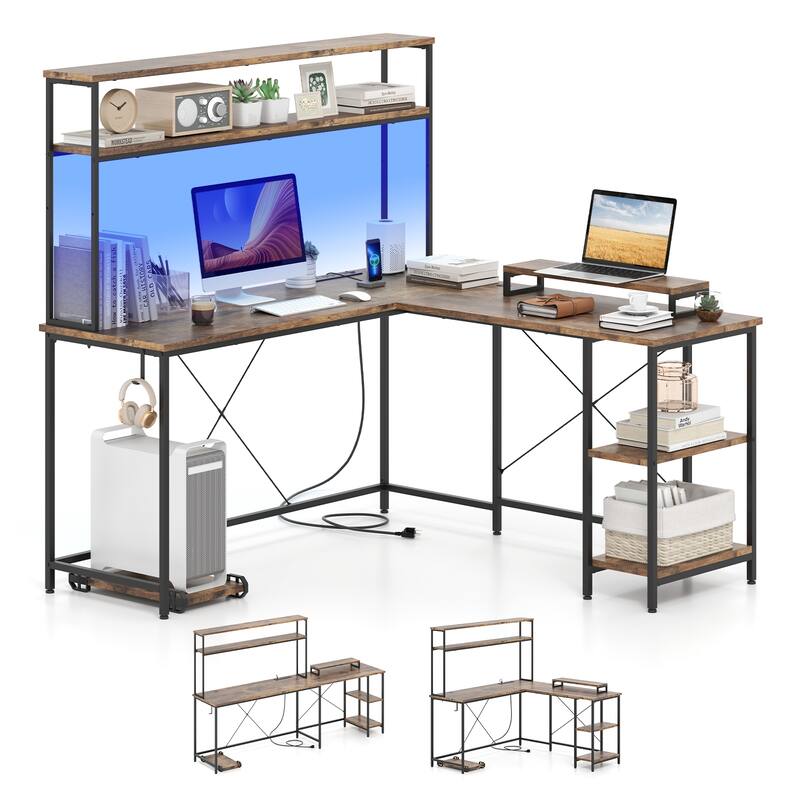 Engineered Wood L-Shaped Gaming Desk with LED Lights and Power Strip