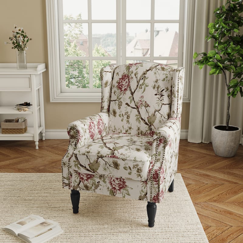 Traditional Floral Patterned Wingback Armchair with Nailhead Trim