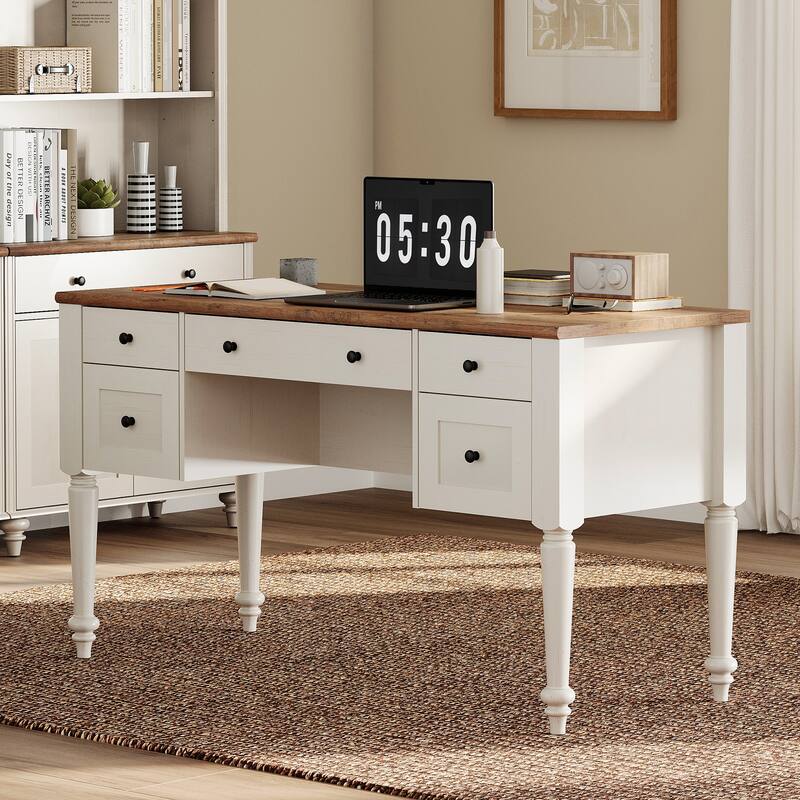 56'' Farmhouse Executive Desk with Drawers White/Oak - 5 Drawers and 2 Doors - White