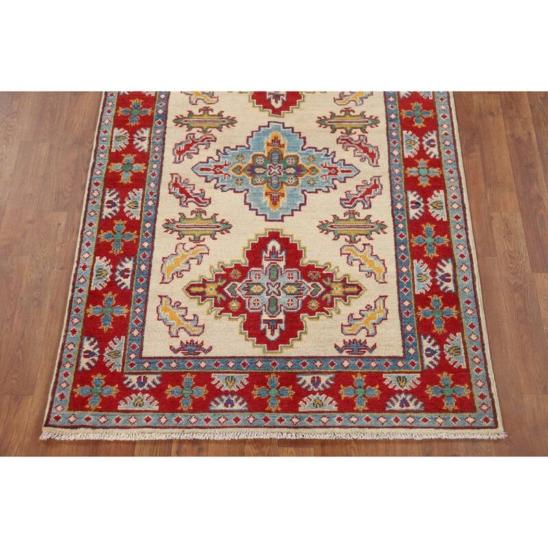 Ivory Geometric Kazak Oriental Accent Rug Handmade Wool Carpet - 3'7" x 5'2"