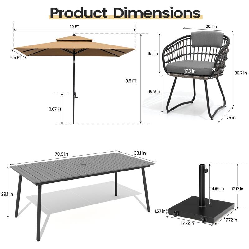 9PC Outdoor Patio Dining Set Wood-Like Aluminum Umbrella Hole Table with Rattan Chairs,Double Top Market Umbrella and Wheel Base