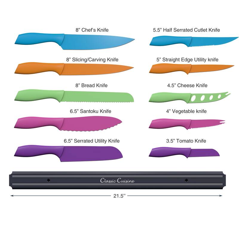 Knife Set - Colorful 10-Piece Stainless-Steel Cutting Knives with 21.5-Inch-Long Magnetic Knife Holder by Whetsone
