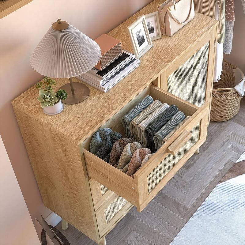Storage Cabinet with Rattan Door 3 Drawers - 11.8"D x 31.5"W x 30.7"H