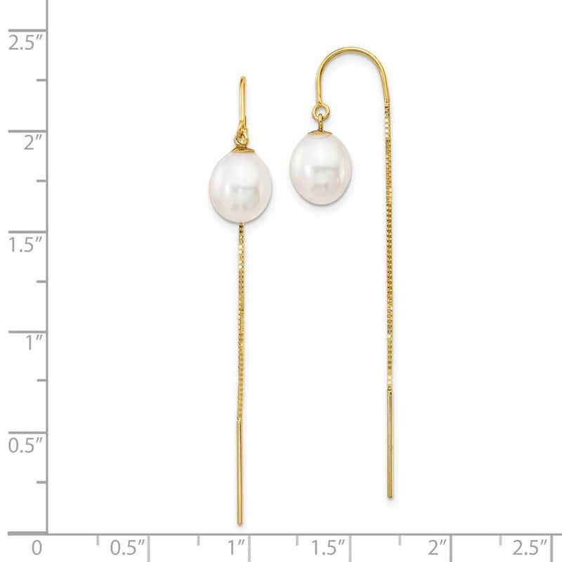 Curata 14k Yellow Gold 7-8mm White Rice Freshwater Cultured Pearl Box Chain Threader Earrings (56.6mm)