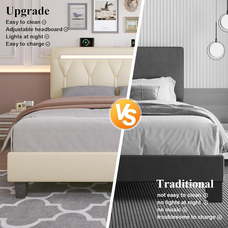 Queen Bed Frame with LED Light & Charging Station, Platform Bed Frame Queen Size with Adjustable Headboard/Wooden Slat Support