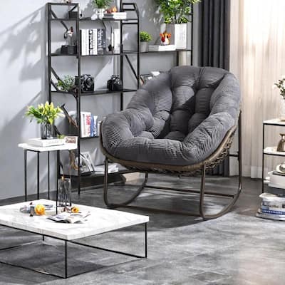 Rattan Rocking Chair with Padded Cushion and Steel Frame Recliner, 250lb Capacity