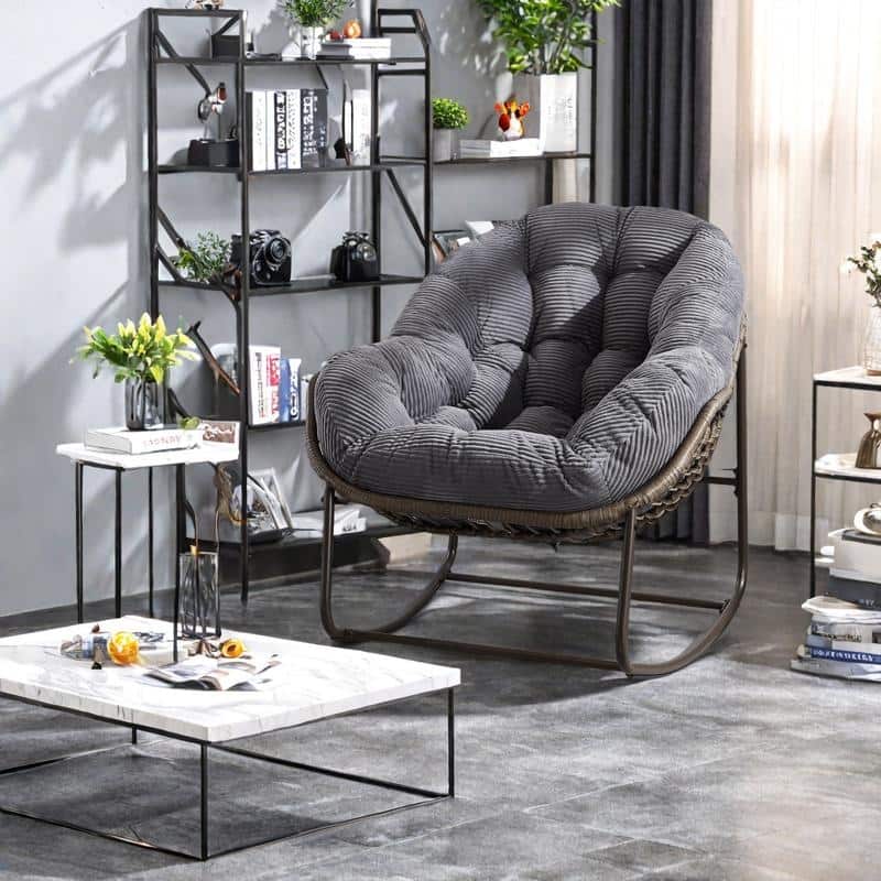 Rattan Rocking Chair with Padded Cushion and Steel Frame Recliner, 250lb Capacity