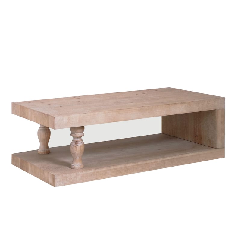 Roomfitters Rustic Coffee Table with Turned Legs, 47" Rectangular Center Table with Shelf, Engineered Wood, Natural