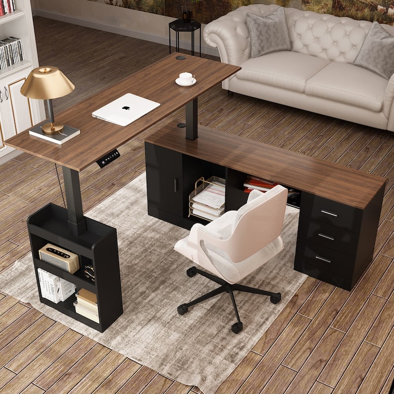 Height-Adjustable Ergonomic Workstation Home Office Desk with Storage - Black/Brown