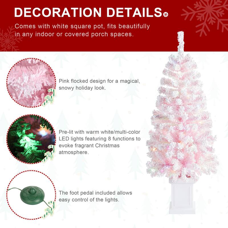 Glitzhome 4ft/5ft Pre-Lit Flocked Pink Artificial Christmas Porch Tree with Foot Pedal LED Lights